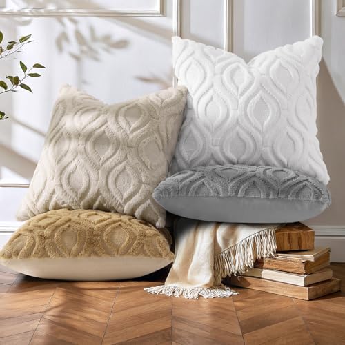 decorUhome Fall Throw Pillow Covers 20x20 Inch Set of 2, Soft Plush Decorative Faux Fur Beige Solid Couch Pillow Covers, Accent Farmhouse Neutral Square Euro Pillow Cases for Sofa Bed Living Room