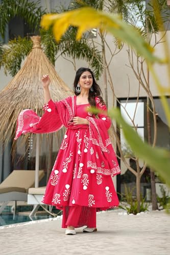 Image of ANNI Designer Women's Rayon Blend Anarkali Printed Kurta with Pant & Dupatta | Ethnic Kurta Pant Dupatta Set for Women | Traditional Indian Wear Outfit