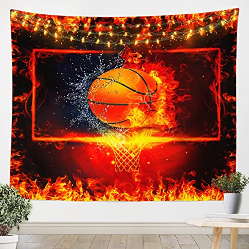 Basketball Court Tapestry Fire Water Basketball Wall Hanging Sports Theme Wall Blanket For Boys Girls Kids 3D Print Ball Games Lightweight Wall Art Decor For Bedroom Living Room Decor, Medium 59X59 #TOP15