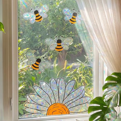 WJIAAA Fensterbilder Frühling, 5 Stück Sonnenblumen & Bienen Aufkleber, Doppelseitige Glasdekoration, 30x40cm Farbige PVC-Folie für Fenster & Spiegel