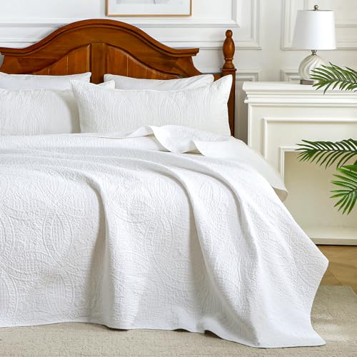 White 100% Cotton Queen Size Quilt Bedding Set 3 Pieces Modern Style Coin Pattern Bedspread Soft Bed 100% Cotton Batting Coverlet All-Season Quilted Comforter Bed Cover 1 Bedspread 2 Pillowcases