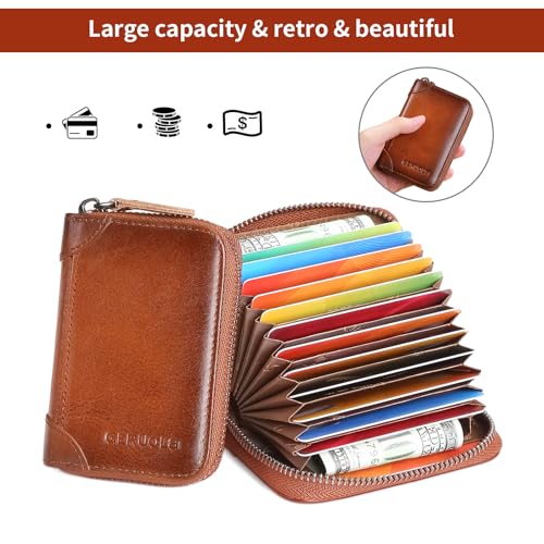 Genuine Leather Credit Card Holder Case RFID Blocking Travel Passport Wallet， Small Card Case for Men Accordion Wallet with Zipper ，Compact Size (Brown)2