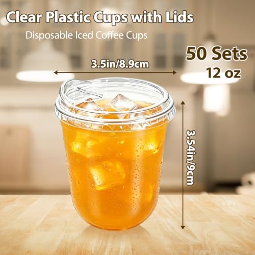 Image of 50 Sets 12 oz Clear Plastic Cups with Lids,Disposable Iced Coffee Cups with Sip Lids,Sturdy Plastic Smoothie Cups for Cold Drinks,Juice,Milkshake