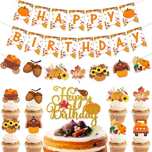 Fall Birthday Party Decorations Pumpkin Maple Sunflower Turkey Harvest Theme Farm party supplies Favors Fall Happy Birthday Banner Thanksgiving Party Banner Autumn Party Cake Topper