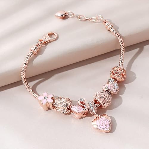 Flower Charm Bracelet Rose Gold Rhinestone Crystal Flower Heart Charm