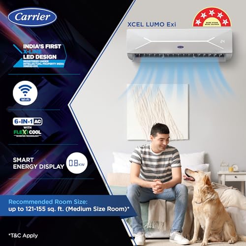 Image of Carrier 1.5 Ton 5 Star X- Line LED Flexicool Inverter Split AC (Copper, Convertible 6-in-1,Dual Filtration with HD & PM 2.5 Filter, Smart Wifi, XCEL LUMO EXI, CAI18CL5R34W0,White)