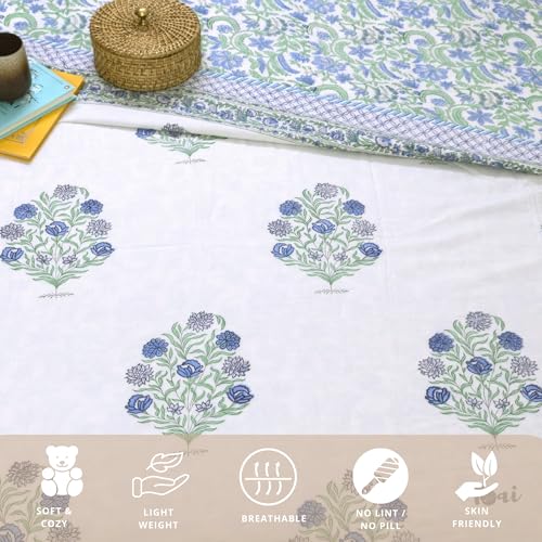 Image of TOAIArt Premium Jaipuri Dohar | AC Blanket Summer Quilt | Hand Block Printed | 3 Layers | Reversible | 150GSM 100% Mulmul Cotton | 100% Cotton Flannel Filling |King 108 inch X 90 inch | Mughal Motif