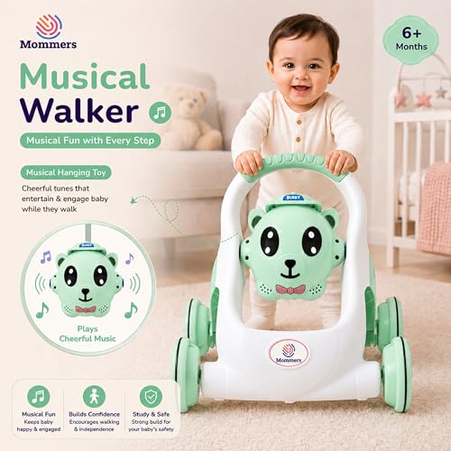 Image of Mommers Baby Walker Musical Push Support with Wheels & Handle Cute Design Activity Walker, for Toddlers, Balanced Wheels, Indoor Play, Green