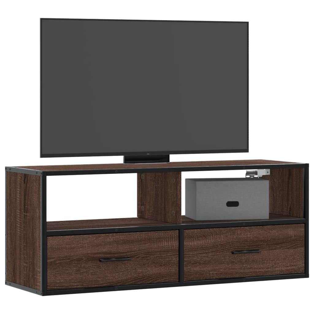 YUANCHUTOP Small Floating TV Unit Stand 100cm, Wall Mounted Media Console with 2 Drawers & Storage Shelf, Industrial Style Hanging Wall Cabinet, Brown+Oak