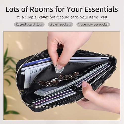 VISOUL Womens Leather Long Zip Around Clutch Wallet with Coin Pocket 12 Card Slots, Slim Thin RFID Blocking Cash Wallets for Women Large Capacity Organizer (Black and Black)3