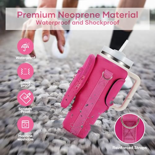 Image of linmaya Water Bottle Carrier Bag with Phone Pocket for Stanley 40 /30 oz Tumbler Neoprene Water Bottle Holder Pouch with 2 Adjustable Strap & 3 Leak Stoppers for Stanley Cup Accessories