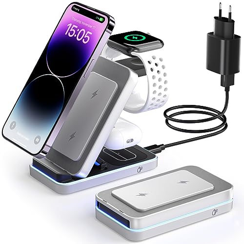Circlio Chargeur sans Fil,Chargeur Induction 3en1 pour Iphone15/14/13/12/11/Pro/Max/XS/XR/X/8/Plus,Apple Watch 9/8/7/6/5/4/3/2/SE/ULTRA,AirPods 3/2/Pro Chargement Rapide pour Voyage et Maison