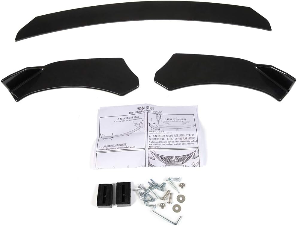 GRAND ORANGE Universal Front Bumper Lip Body Kits 3PCS Spoiler Replacement Bumper Lip Chin Splitter Black Polypropylene (PP)