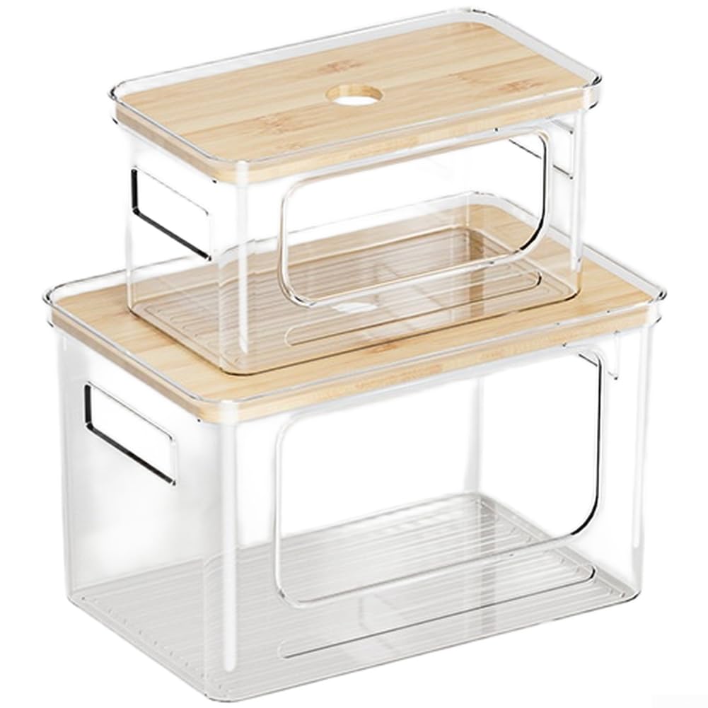 Organiseur empilable en PET lot de 2 bacs transparents avec couvercle en bois modèle E