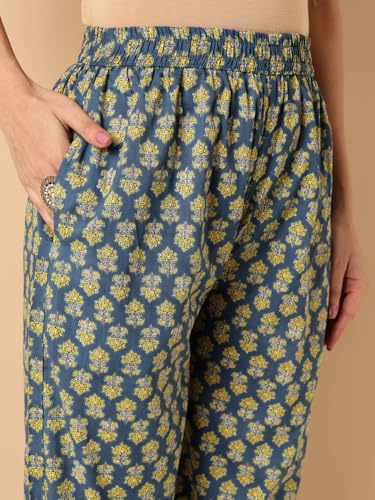 Image of Vbuyz Women'S Floral Print Straight Cotton Blue Stitched Kurta, Pant And Dupatta | Women's Kurta Suit Set l Kurta with Pant Set