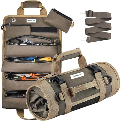Image of OceanLive Roll Up Tool Bag 7 Pockets Heavy Duty 1680D Oxford Polyester Water Resistant Tool Kit Bag for Electrician Service Engineer with Detachable Pouches Shoulder Strap Sea Green