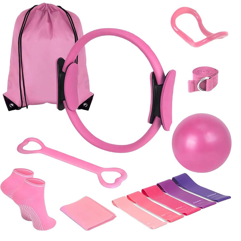 Pilates Set, 11 Teilige Pilates Zubehör, Yoga Set Mit Yoga Gurt Widerstandsring, Pilatesball, Stärken des Rumpfes Und Fitness, Für Bauch Beine Po Heimtraining Und Studio-Workout