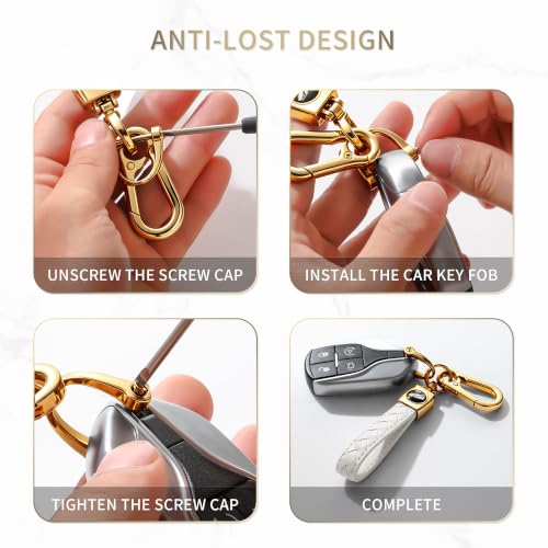 Image of Gkeygo Carabiner Keychain, Universal Heavy Duty Woven Handmade Leather Key Chain, Car Fob Key Keychains with 360 Degree Rotatable Snap Swivel and Anti-Lost D-Ring for Men and Women,Light Gold - White