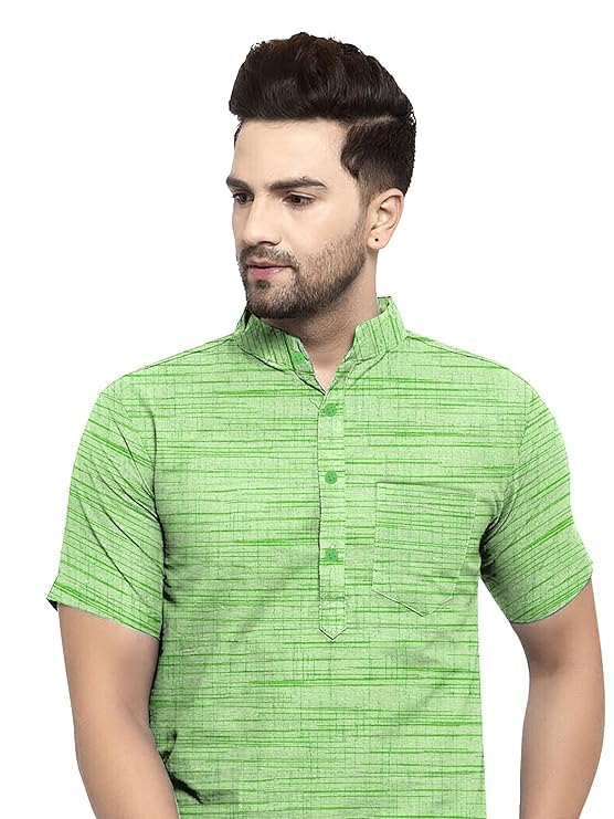 Image of Khadie Cotton Blend Solid Casual Regular Fit Mandarin /Chinese Collor Short Kurta for Men
