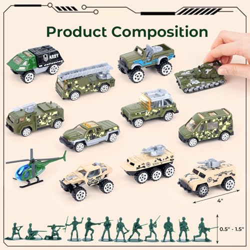 3 otters 62PCS Die-cast Military Vehicles Playsets,Army Toy Vehicle Models Alloy Metal Vehicle with Army Men, Truck Tank Helicopter Toys Military Combat Toys for Boy Girl Kid Birthday Gift Party Favor