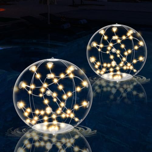 2 Pack Outdoor Solar Pool Lights, 14.5" Floating LED Light Up Balls with Remote, 3000K Warm Glow, Dimmable & Auto On at Dusk, IP68 Waterproof, 3 Modes – Perfect for Garden, Pool, Beach & Party