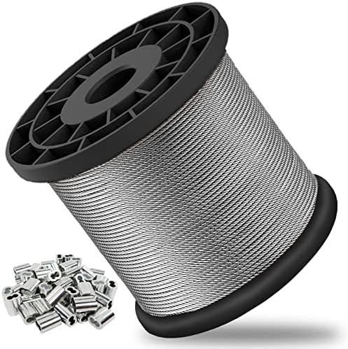 Wire Rope, 1/16 Wire Rope, 304 Stainless Steel Cable, Aircraft Cable, Steel Wire, 328FT with 150Pcs Crimping Sleeves, Clothes Line Wires, Trellis Wire, 7x7 368lbs Breaking Strength