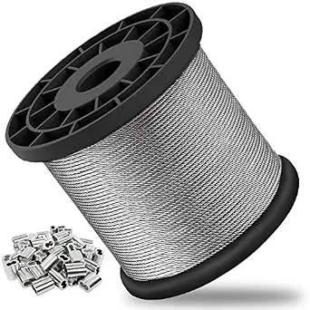 1/16 Inch Stainless Steel Wire Rope, 328 Feet with 150 Crimping Sleeves, 7x7 Strand, 368 lbs Breaking Strength