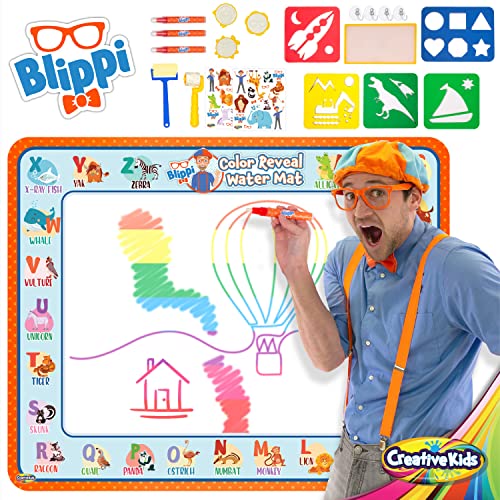 Blippi  Water Doodle Mat with Stamps, Stickers & More - Super Water Drawing Mat with Hidden Colors for Boys Girls - Water Coloring Mat for Toddlers - Outdoor Play - Summer Yard Games for Kids Age 2+