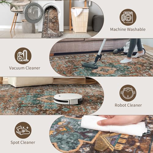 Ciicool Boho Machine Washable Area Rug, 4x6 Rugs for Living Room Non-Slip Bedroom Rug Vintage Rug Ultra-Thin Throw Distressed Large Low-Pile Carpet for Dining Room Office