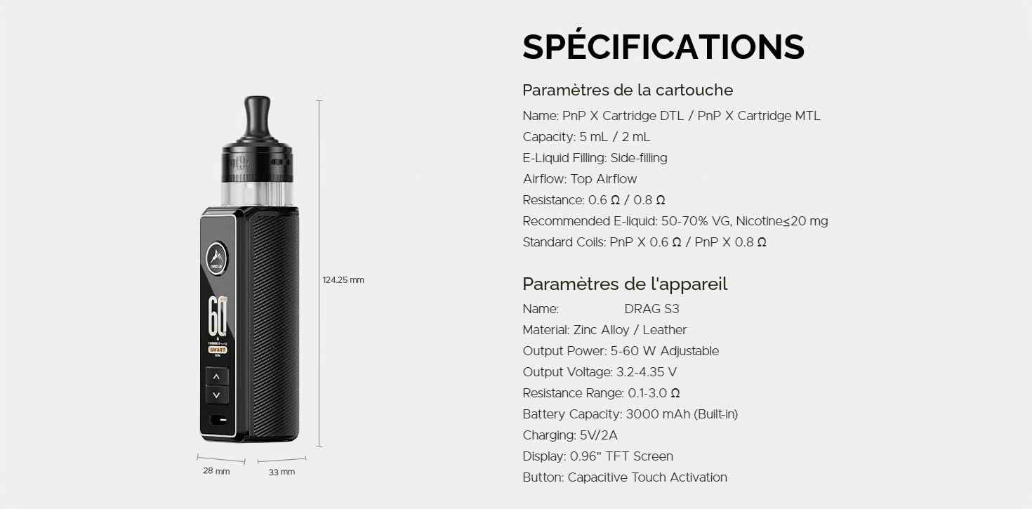 Voopoo Drag S3 – Pod Mod Haute Performance 60W, Batterie 3000mAh, Compatible TPP/X, Flux d’Air Réglable, Écran TFT et Mode Éco pour une Autonomie Maximale (Pink)