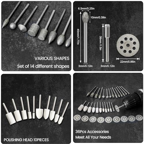 Diamond Burr Set for Dremel, Rotary Tool Grinding Cutting Wheel Stone Glass Tile Jewelry Engraving Rock Etching Masonry 1/8” Die Grinder Carving Cutter Metal Engraver Kit - 36pc Set - Thumbnail 2