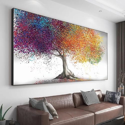 Peinture d'arbre doré pour salon chic, grand tableau nordique zen