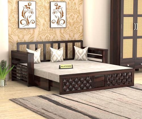 Image of Solid Wood Sofa Cum Bed for Living Room | Wooden Pull-Out Sofa Bed with Carved Front Design | Modern 3 Seater Convertible Diwan Bed for Home & Guest Room (Walnut Finish)