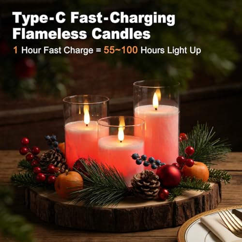 Image of LEDHOLYT Rechargeable Ice Crystal Glass Flameless Candles, RGB Color Changing Realistic Flickering Flameless Candles with Remote & Timer,Best Festival Wedding Home Party Decor - Set of 3