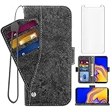 Asuwish Compatible with Samsung Galaxy J4 Plus Wallet Case Tempered Glass Screen Protector Card Holder Kickstand Magnetic Stand Phone Cover for Glaxay J4 Prime Gaxaly J4 Core J4+ 2018 Women Men Black
