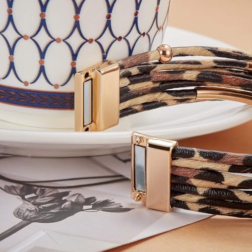 Hicarer Leopard Bracelets and Earrings Cheetah Jewelry Tortoise Shell Earrings Multilayer Leather Wrap Bracelets Large Wrists Boho Accessories(Beige)4
