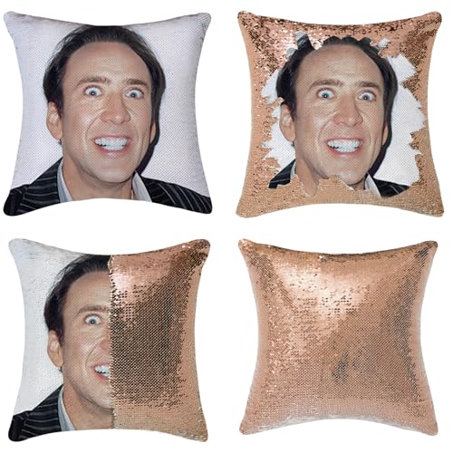Kiuree Nicolas Cage Pillow Covers Sequin Pillow Cases Funny Gag Gifts Reversible Sequin Pillow Cover Decorative Throw Cushion Case 16 x 16 Inches Gold