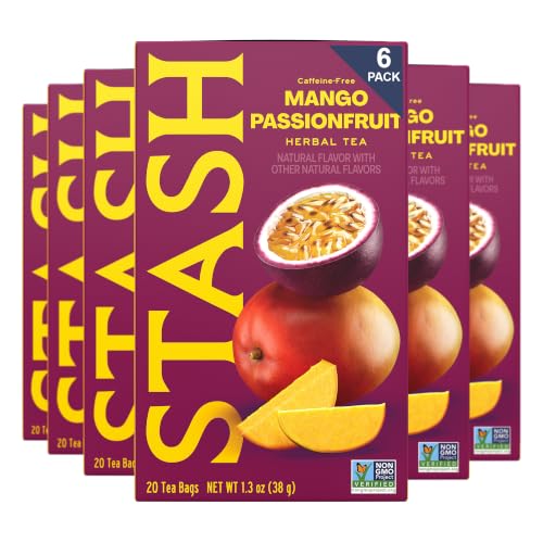 Stash Tea Mango Passionfruit Herbal Tea - Naturally Caffeine Free, Non-GMO Project Verified Premium Tea with No Artificial Ingredients, 20 Count (Pack of 6) - 120 Bags Total