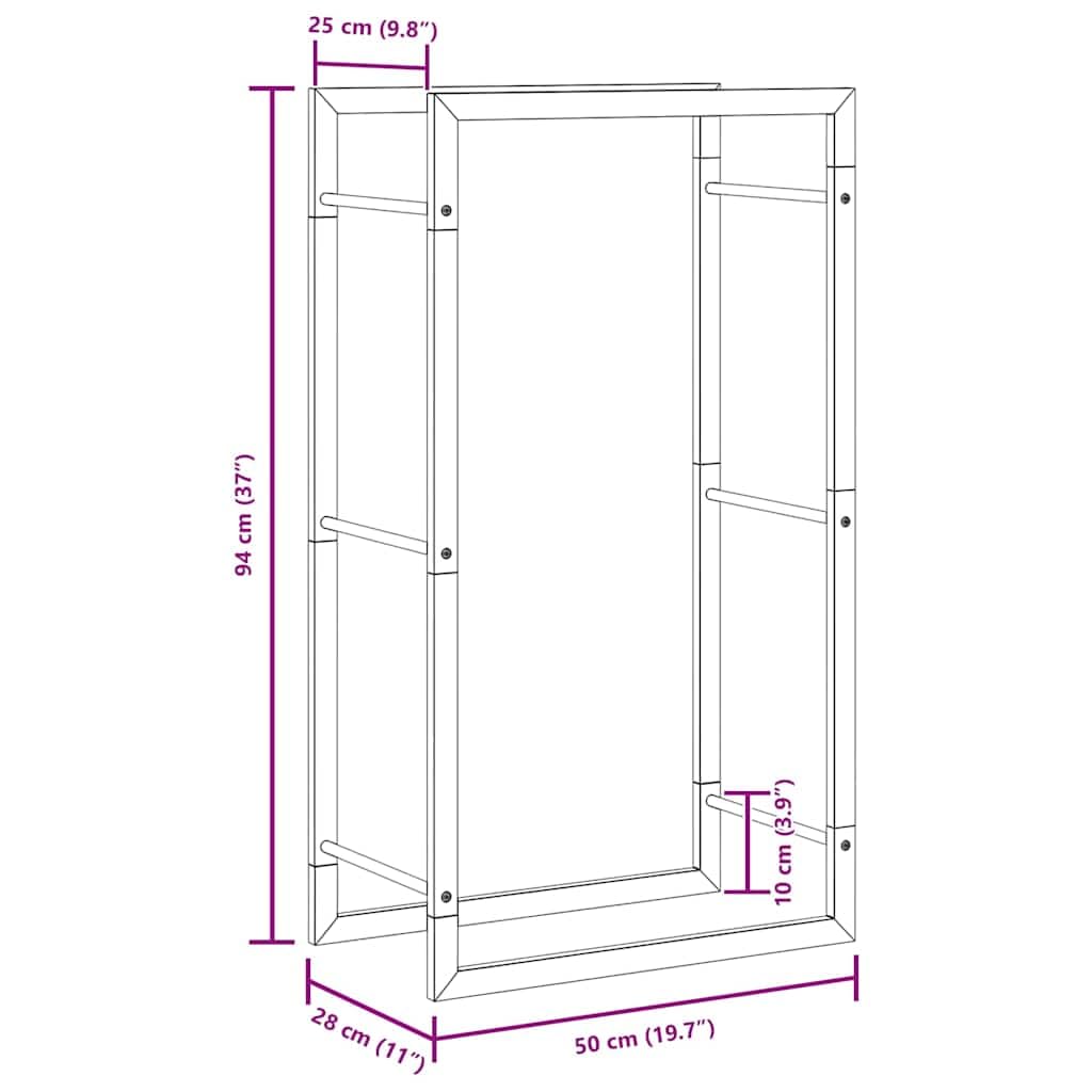 Brennholzregal aus Stahl Mattschwarz 50x28x94 cm Kaminholzregal für Innen Außen Brennholzhalter mit viel Stauraum und witterungsbeständigem Holzständer für Kamin Ofen Ordnung