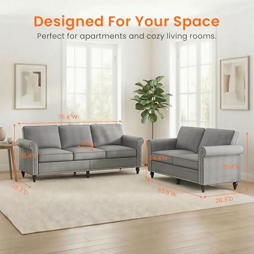 Image of ijuicy 2-Piece Sectional Sofa Set, Modern Linen Couch Set (Light Gray) | with 5 inch Thicken Cushion & Nailhead Trim, Living Room Furniture Set-Loveseat and 3 Seat Sofa