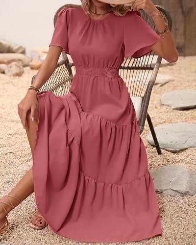 Image of PRETTYGARDEN Women's Casual Smocked Boho Floral A-Line Maxi Dress 2026 | Summer Short Flutter Sleeve Crewneck Tiered Long Sundress,Fall Wedding Guest Dresses,Spring Cute Flowy Beach Vacation Clothes