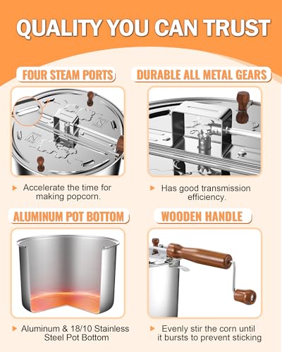 Image of Cook N Home Stovetop Popcorn Popper with Crank, 6 Quart Stainless Steel Popcorn Pot, Silver