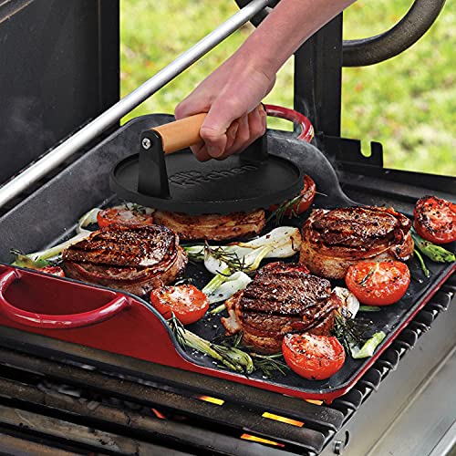 Joeji's Kitchen gietijzeren burgerpers met antiaanbaklaag, zware gietijzeren burgerpers met cool touch houten handvat, geribbelde burgerkraker om perfecte schroeistrips te creëren - Image 6