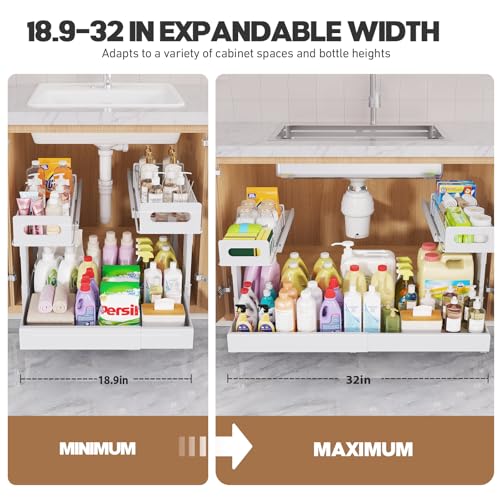 Image of 1 Pack-19 inch-32 inchW Expandable Under Sink Organizer With Upgrade Ball-Bearing Slide,2-Tier Pull Out Under Cabinet Organizer Height Adjustable,Not Suitable For Cabinets With Partitions In The Middle