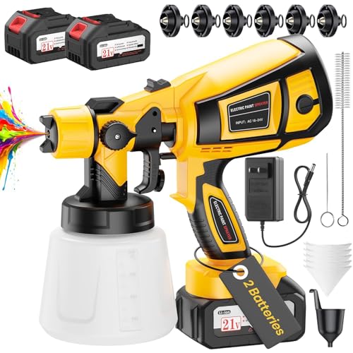 Cordless Paint Sprayer with 2 Batteries, 650W HVLP 21V Battery Powered Handheld Paint Gun Kit, 6 Nozzles & 3 Spray Patterns, Efficient Electronic Tool & Gifts for Cabinets, Fence, Wall, House Painting