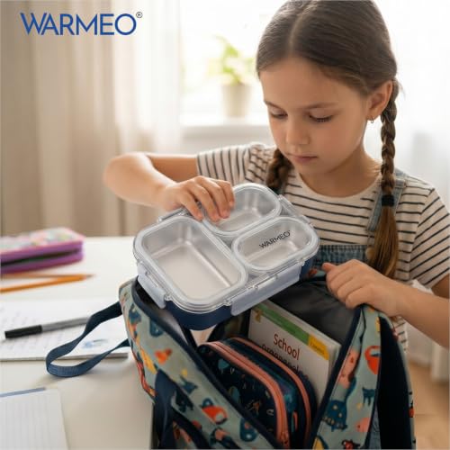 Image of WARMEO BENTO Microwave-Safe Stainless Steel Lunchbox with 3 compartments,bpa Free,Perfect for Office, School, Travelling, 750ml-Blue