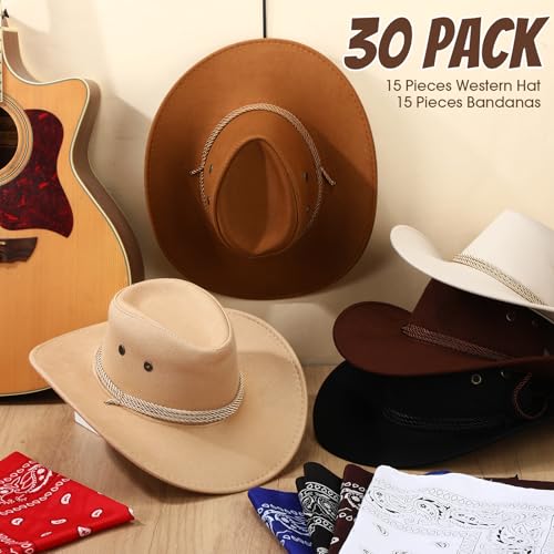 Image of Coume 15 Set Western Cowboy Hat Costume Accessories Paisley Bandanna Cowgirl Hats Bulk for Adult Women Men Dress Party
