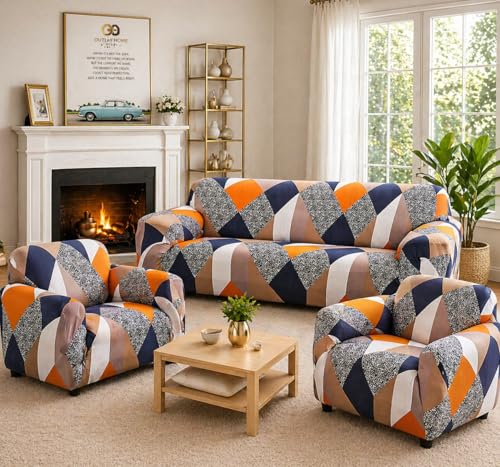 Image of Digital Print Sofa Cover Fully Covered 5 Seater Sofa Cover Non-Slip Sticky Elastic Stretchable Sofa Set Slipcover, 5 Seater (3+1+1) (Orange Check)