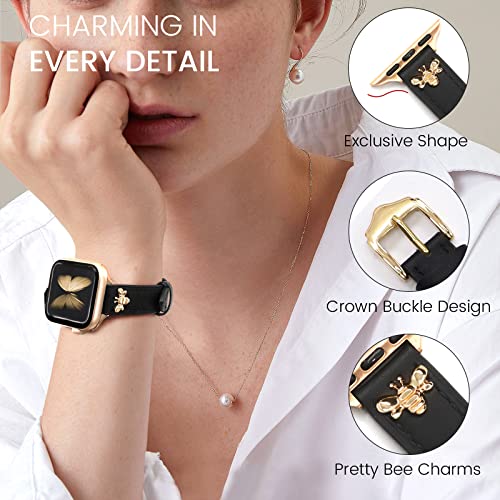 Jr.dm Elegant Slim Leather-Bands Compatible With Apple Watch Band 38Mm 40Mm 41Mm 42Mm 44Mm 45Mm 49Mm, Designer Top Grain Black Leather Watch Band With Charms, Feminine Design For Ultra Se & Series 8 7 6 5 4 3 2 1 (Black Band | Gold Clasp) #TOP3