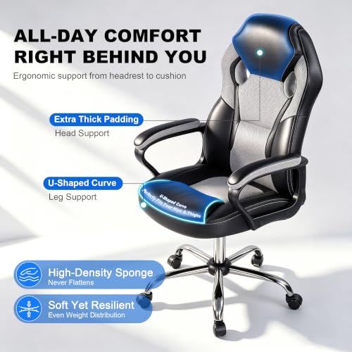 Image of Gaming Office Chair, PU & Mesh Design Computer Desk Chair, Wide Seat Big and Tall Swivel Office Chair, 400 LBS Weight Capacity Metal Base for Home Office Gaming